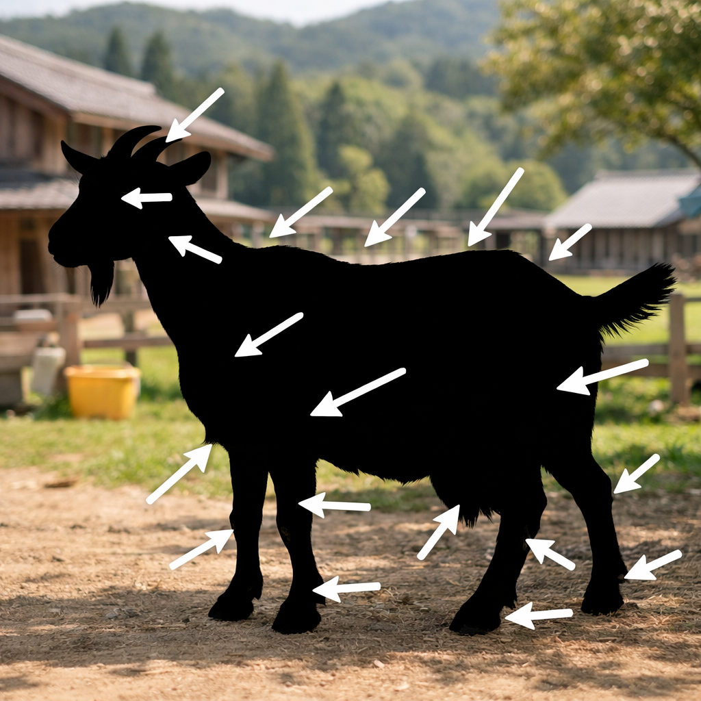 12の危険サイン（症状マップ：ヤギのシルエットに矢印）