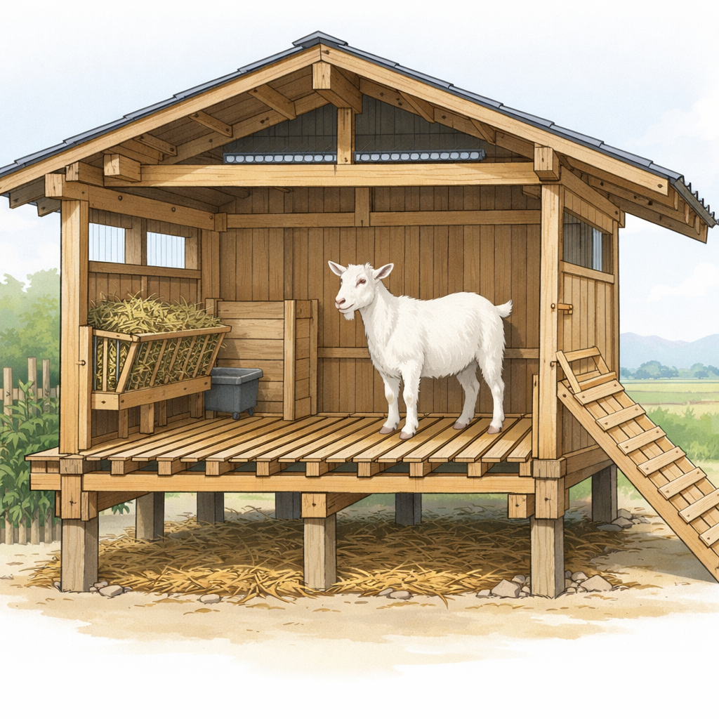 高床式ヤギ小屋の断面図解