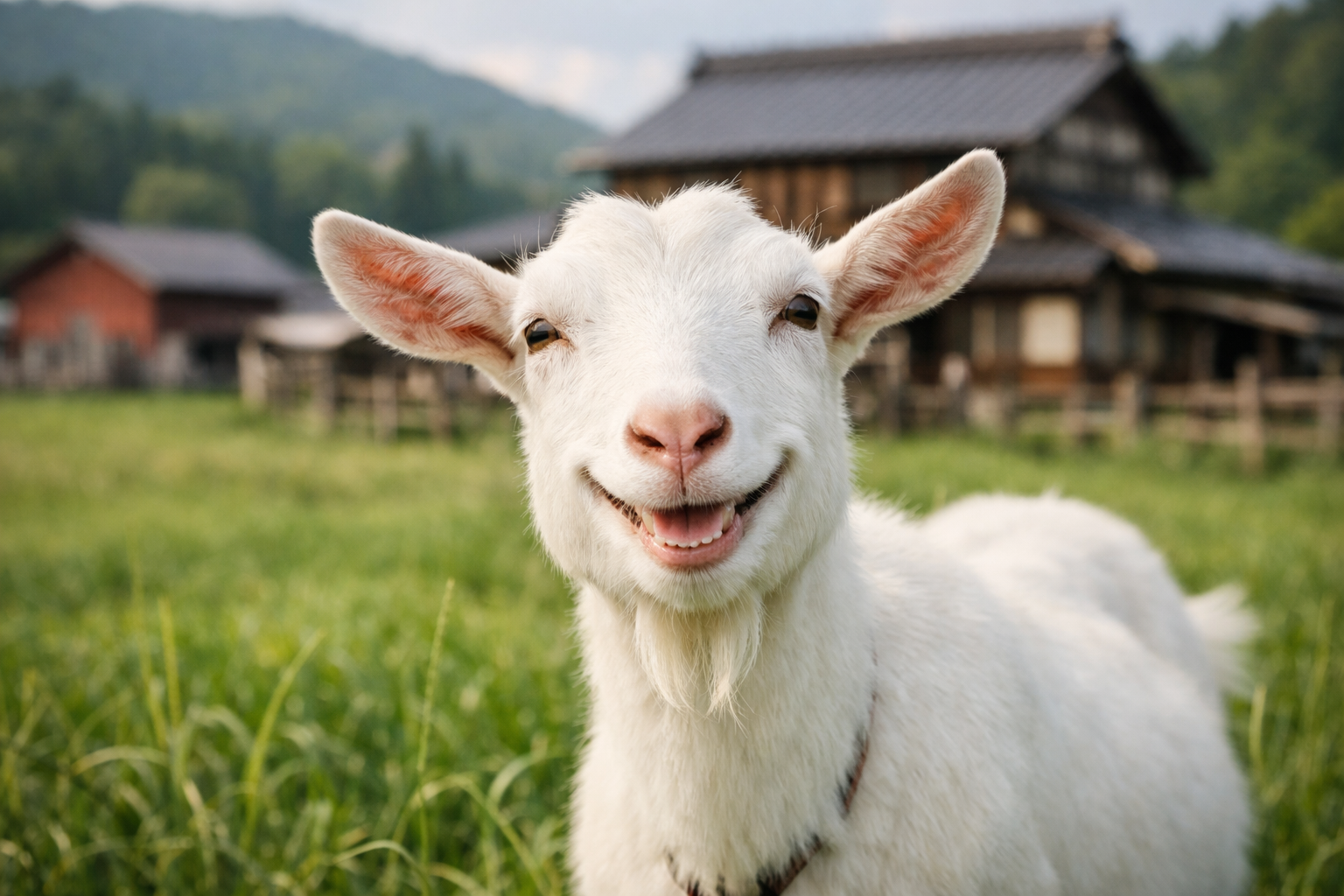 牧場の芝生で微笑む白いヤギのアップ